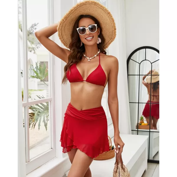 GRAPENT Swim Skirt Bottoms for Women Criss Cross High Waisted Bikini Bottom Layered Mesh Flowy Shorts Bathing Suit SkortTrue Red