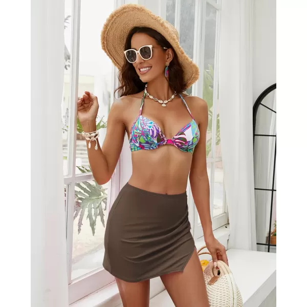 GRAPENT Swim Skirt Bottoms for Women High Waisted Bikini Bottom Ruched Side Split Bathing Suit Tummy Control Beach SkortChocolate Brown