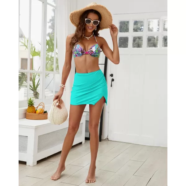 GRAPENT Swim Skirt Bottoms for Women High Waisted Bikini Bottom Ruched Side Split Bathing Suit Tummy Control Beach SkortCyan