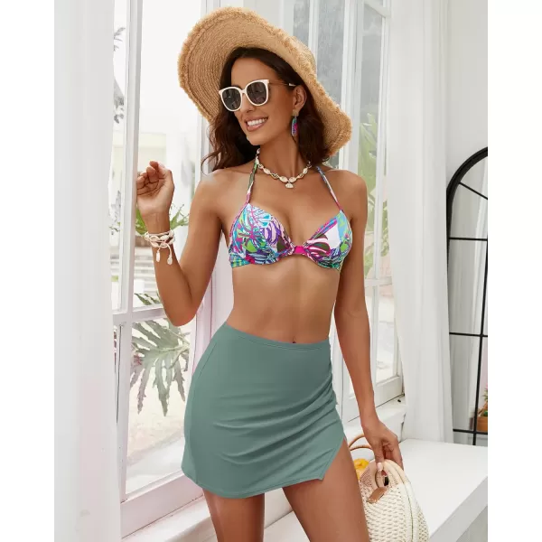 GRAPENT Swim Skirt Bottoms for Women High Waisted Bikini Bottom Ruched Side Split Bathing Suit Tummy Control Beach SkortSage Green