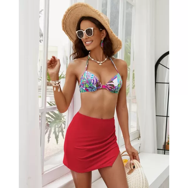 GRAPENT Swim Skirt Bottoms for Women High Waisted Bikini Bottom Ruched Side Split Bathing Suit Tummy Control Beach SkortTrue Red