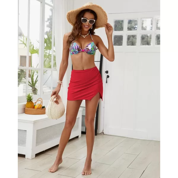 GRAPENT Swim Skirt Bottoms for Women High Waisted Bikini Bottom Ruched Side Split Bathing Suit Tummy Control Beach SkortTrue Red
