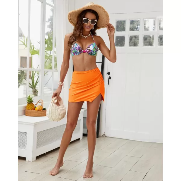 GRAPENT Swim Skirt Bottoms for Women High Waisted Bikini Bottom Ruched Side Split Bathing Suit Tummy Control Beach SkortVibrant Orange