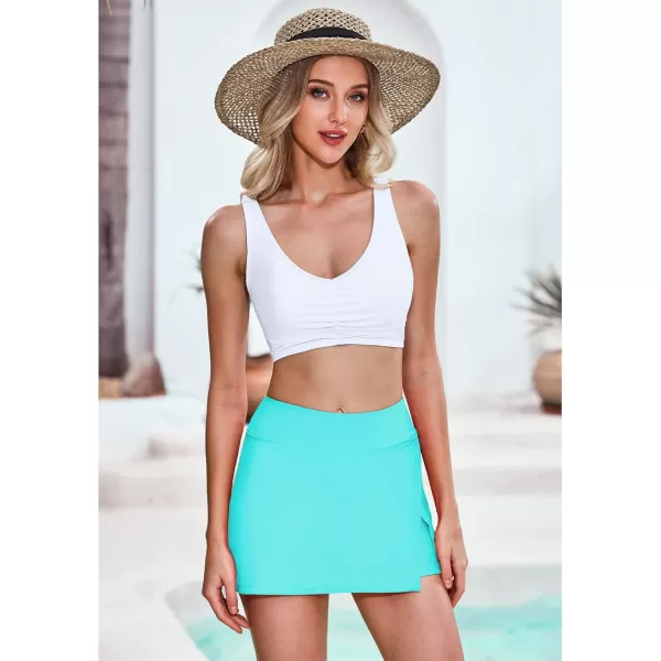 GRAPENT Swim Skirt Bottoms for Women High Waisted Bikini Swimsuit Bottom Side Split Bathing Suit Skirts with ShortsAqua Blue
