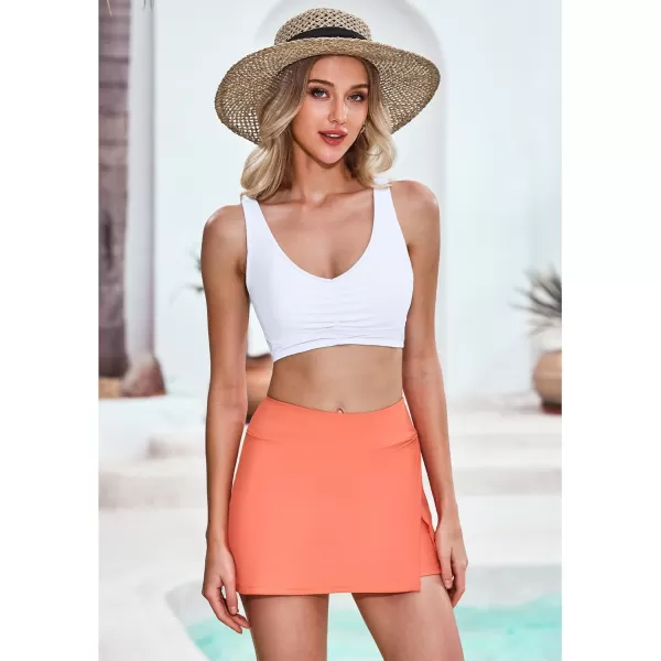GRAPENT Swim Skirt Bottoms for Women High Waisted Bikini Swimsuit Bottom Side Split Bathing Suit Skirts with ShortsCoral
