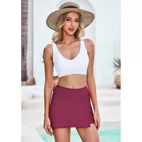 GRAPENT Swim Skirt Bottoms for Women High Waisted Bikini Swimsuit Bottom Side Split Bathing Suit Skirts with ShortsPlum