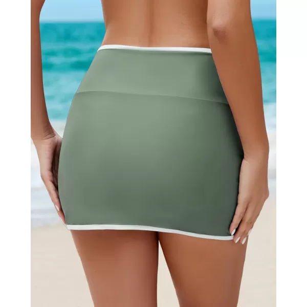 GRAPENT Swim Skirt for Women High Waisted Ruched Bikini Bottoms Colorblock Swimsuit Tulip Bathing Suit Skirts with BriefArmy Green
