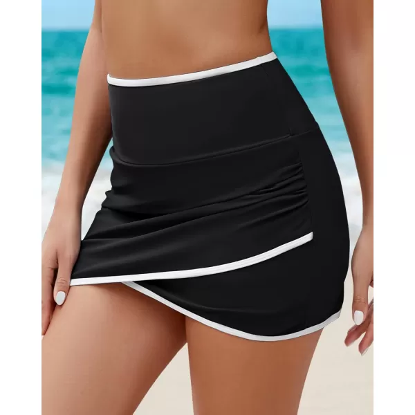 GRAPENT Swim Skirt for Women High Waisted Ruched Bikini Bottoms Colorblock Swimsuit Tulip Bathing Suit Skirts with BriefBlack