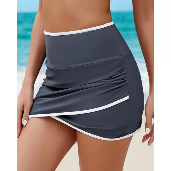 GRAPENT Swim Skirt for Women High Waisted Ruched Bikini Bottoms Colorblock Swimsuit Tulip Bathing Suit Skirts with BriefDark Gray