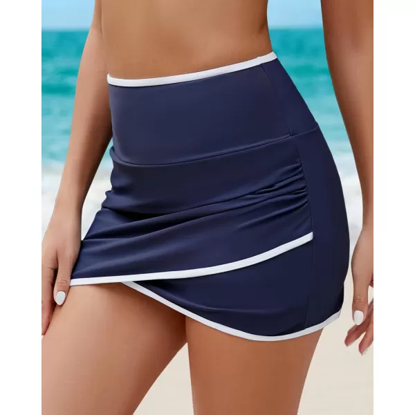 GRAPENT Swim Skirt for Women High Waisted Ruched Bikini Bottoms Colorblock Swimsuit Tulip Bathing Suit Skirts with BriefNavy Blue