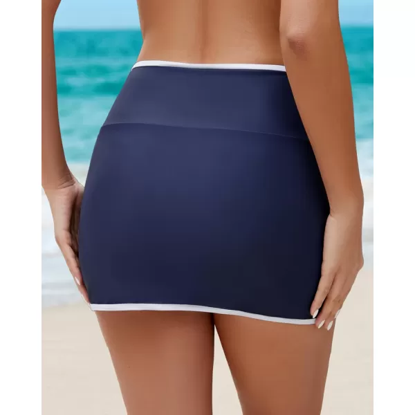 GRAPENT Swim Skirt for Women High Waisted Ruched Bikini Bottoms Colorblock Swimsuit Tulip Bathing Suit Skirts with BriefNavy Blue