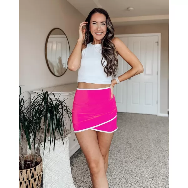 GRAPENT Swim Skirt for Women High Waisted Ruched Bikini Bottoms Colorblock Swimsuit Tulip Bathing Suit Skirts with BriefNeon Pink