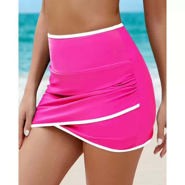 GRAPENT Swim Skirt for Women High Waisted Ruched Bikini Bottoms Colorblock Swimsuit Tulip Bathing Suit Skirts with BriefNeon Pink