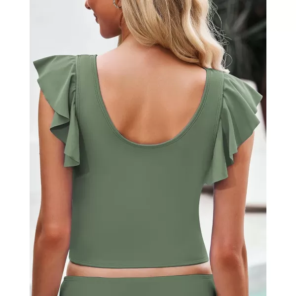 GRAPENT Tankini Tops for Women Swimwear Top Only Ruffle Bathing Suit Cut Out Long Bikini Tops Swimsuit Beach Resort WearIceberg Green