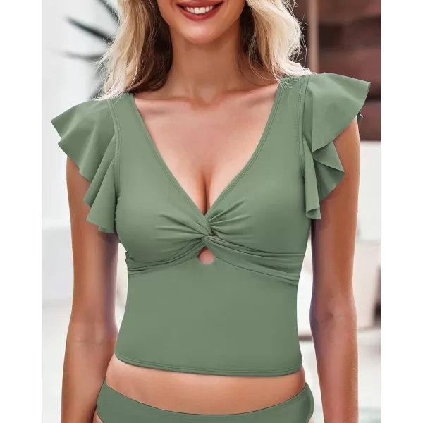 GRAPENT Tankini Tops for Women Swimwear Top Only Ruffle Bathing Suit Cut Out Long Bikini Tops Swimsuit Beach Resort WearIceberg Green