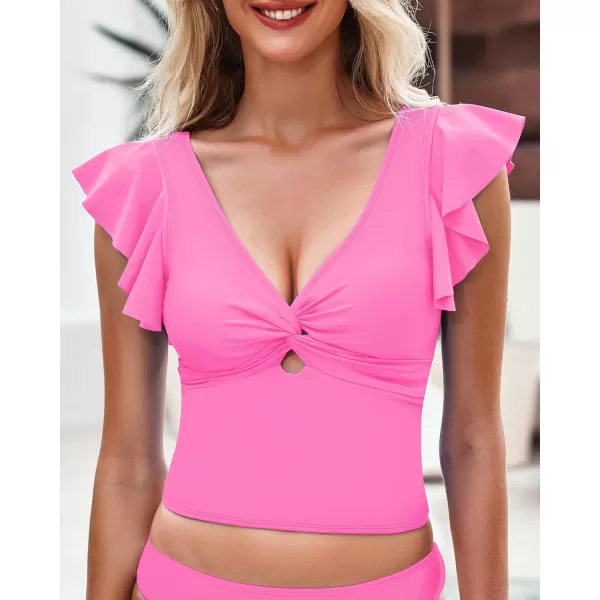 GRAPENT Tankini Tops for Women Swimwear Top Only Ruffle Bathing Suit Cut Out Long Bikini Tops Swimsuit Beach Resort WearPink