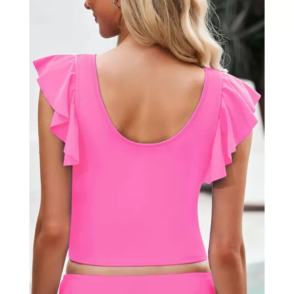 GRAPENT Tankini Tops for Women Swimwear Top Only Ruffle Bathing Suit Cut Out Long Bikini Tops Swimsuit Beach Resort WearPink