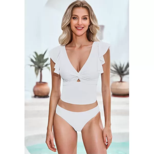 GRAPENT Tankini Tops for Women Swimwear Top Only Ruffle Bathing Suit Cut Out Long Bikini Tops Swimsuit Beach Resort WearWhite