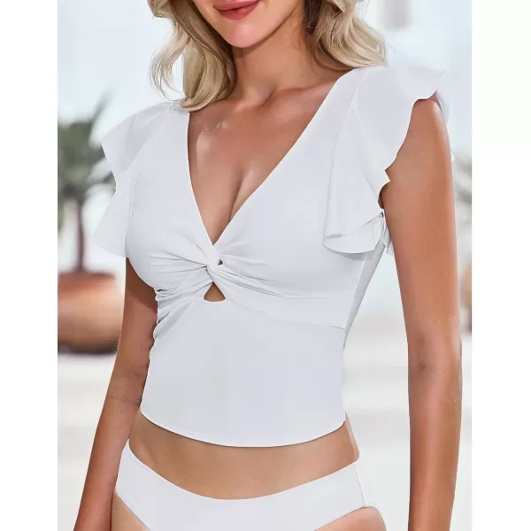 GRAPENT Tankini Tops for Women Swimwear Top Only Ruffle Bathing Suit Cut Out Long Bikini Tops Swimsuit Beach Resort WearWhite