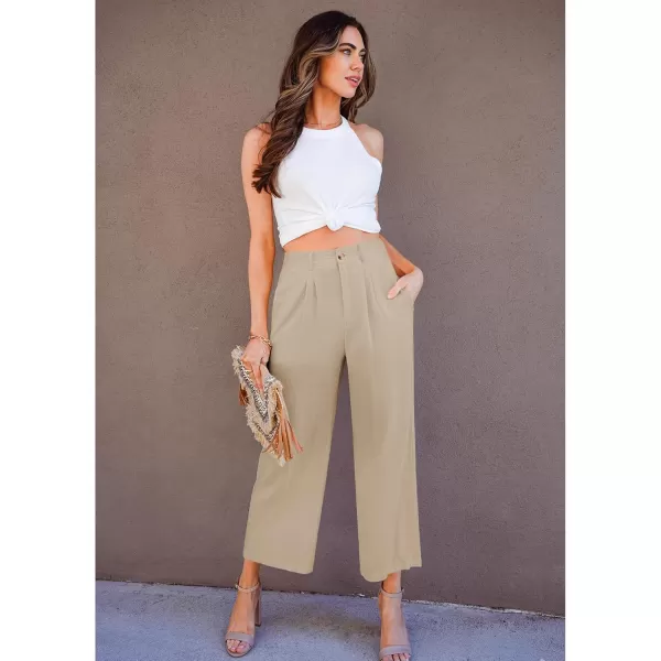GRAPENT Wide Leg Capri Pants for Women High Waisted Linen Flowy Pleated Capris Cropped Trousers Pants Dressy CasualAlmond