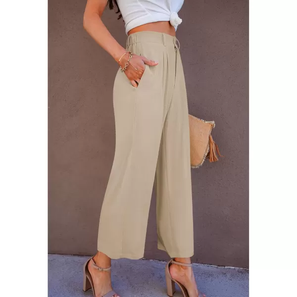 GRAPENT Wide Leg Capri Pants for Women High Waisted Linen Flowy Pleated Capris Cropped Trousers Pants Dressy CasualAlmond