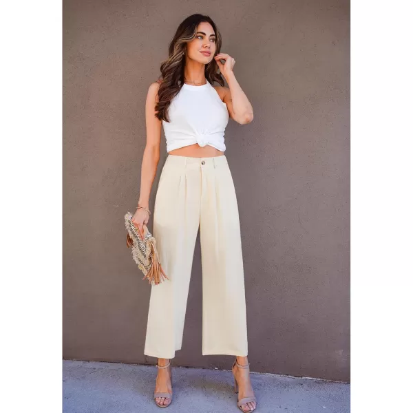 GRAPENT Wide Leg Capri Pants for Women High Waisted Linen Flowy Pleated Capris Cropped Trousers Pants Dressy CasualApricot