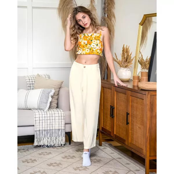 GRAPENT Wide Leg Capri Pants for Women High Waisted Linen Flowy Pleated Capris Cropped Trousers Pants Dressy CasualBeige