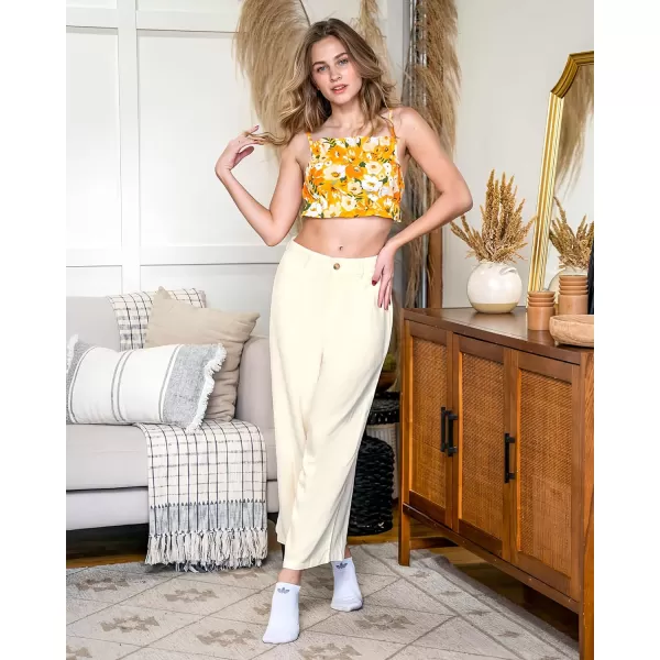 GRAPENT Wide Leg Capri Pants for Women High Waisted Linen Flowy Pleated Capris Cropped Trousers Pants Dressy CasualBeige