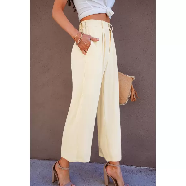 GRAPENT Wide Leg Capri Pants for Women High Waisted Linen Flowy Pleated Capris Cropped Trousers Pants Dressy CasualBeige