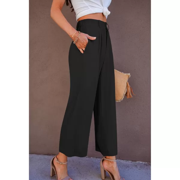 GRAPENT Wide Leg Capri Pants for Women High Waisted Linen Flowy Pleated Capris Cropped Trousers Pants Dressy CasualBlack