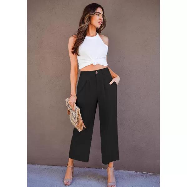 GRAPENT Wide Leg Capri Pants for Women High Waisted Linen Flowy Pleated Capris Cropped Trousers Pants Dressy CasualBlack