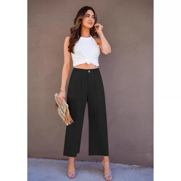 GRAPENT Wide Leg Capri Pants for Women High Waisted Linen Flowy Pleated Capris Cropped Trousers Pants Dressy CasualBlack