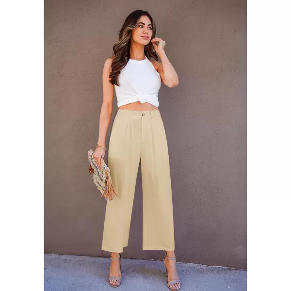 GRAPENT Wide Leg Capri Pants for Women High Waisted Linen Flowy Pleated Capris Cropped Trousers Pants Dressy CasualKhaki
