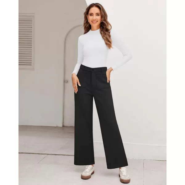 GRAPENT Wide Leg Pants Woman High Waisted Business Casual Elastic Waist Cropped Trouser Pockets Stretch Fall Knit PantsBlack