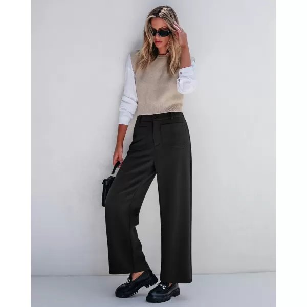 GRAPENT Wide Leg Pants Woman High Waisted Business Casual Elastic Waist Cropped Trouser Pockets Stretch Fall Knit PantsBlack