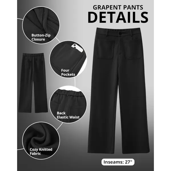 GRAPENT Wide Leg Pants Woman High Waisted Business Casual Elastic Waist Cropped Trouser Pockets Stretch Fall Knit PantsBlack