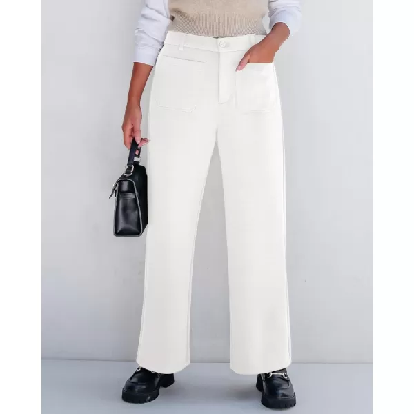 GRAPENT Wide Leg Pants Woman High Waisted Business Casual Elastic Waist Cropped Trouser Pockets Stretch Fall Knit PantsCream White