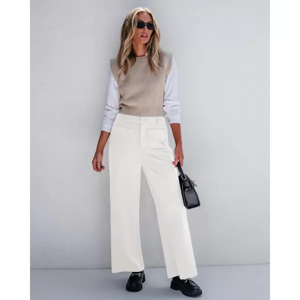 GRAPENT Wide Leg Pants Woman High Waisted Business Casual Elastic Waist Cropped Trouser Pockets Stretch Fall Knit PantsCream White