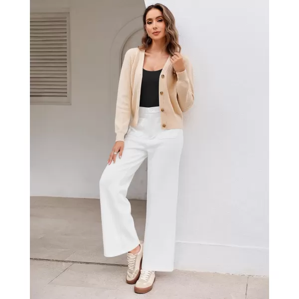 GRAPENT Wide Leg Pants Woman High Waisted Business Casual Elastic Waist Cropped Trouser Pockets Stretch Fall Knit PantsCream White