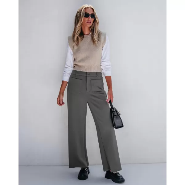 GRAPENT Wide Leg Pants Woman High Waisted Business Casual Elastic Waist Cropped Trouser Pockets Stretch Fall Knit PantsGrey
