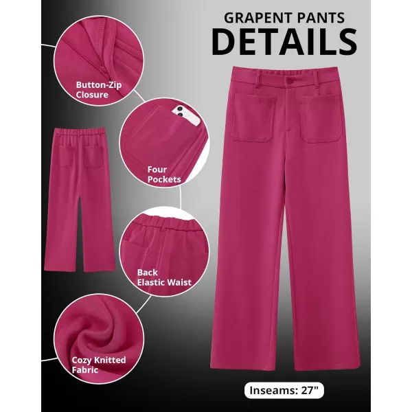 GRAPENT Wide Leg Pants Woman High Waisted Business Casual Elastic Waist Cropped Trouser Pockets Stretch Fall Knit PantsHot Pink
