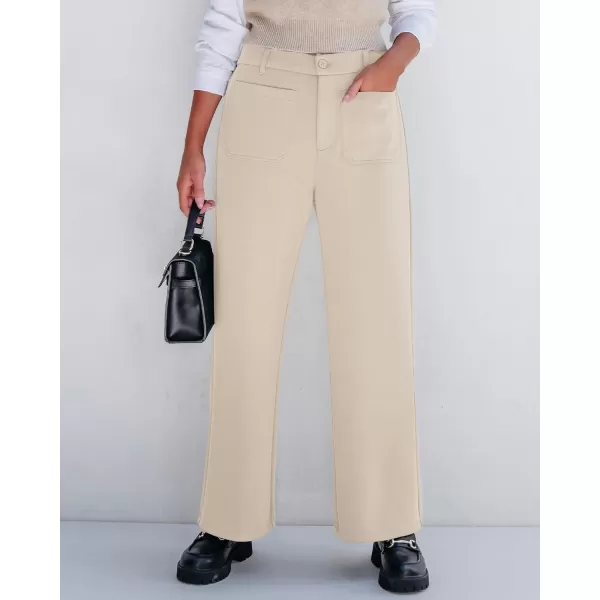 GRAPENT Wide Leg Pants Woman High Waisted Business Casual Elastic Waist Cropped Trouser Pockets Stretch Fall Knit PantsLight Khaki