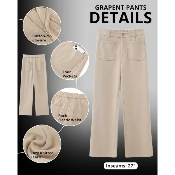 GRAPENT Wide Leg Pants Woman High Waisted Business Casual Elastic Waist Cropped Trouser Pockets Stretch Fall Knit PantsLight Khaki