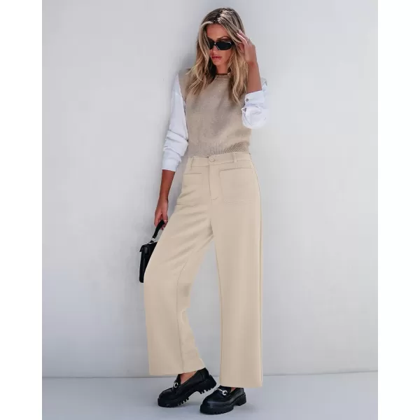 GRAPENT Wide Leg Pants Woman High Waisted Business Casual Elastic Waist Cropped Trouser Pockets Stretch Fall Knit PantsLight Khaki