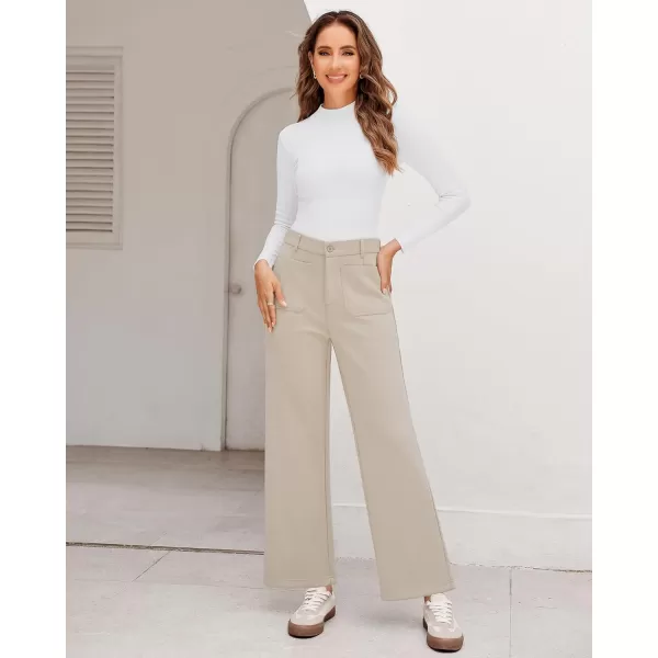 GRAPENT Wide Leg Pants Woman High Waisted Business Casual Elastic Waist Cropped Trouser Pockets Stretch Fall Knit PantsLight Khaki
