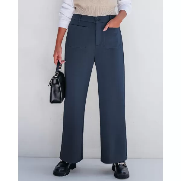 GRAPENT Wide Leg Pants Woman High Waisted Business Casual Elastic Waist Cropped Trouser Pockets Stretch Fall Knit PantsNavy Blue