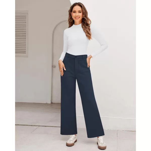 GRAPENT Wide Leg Pants Woman High Waisted Business Casual Elastic Waist Cropped Trouser Pockets Stretch Fall Knit PantsNavy Blue