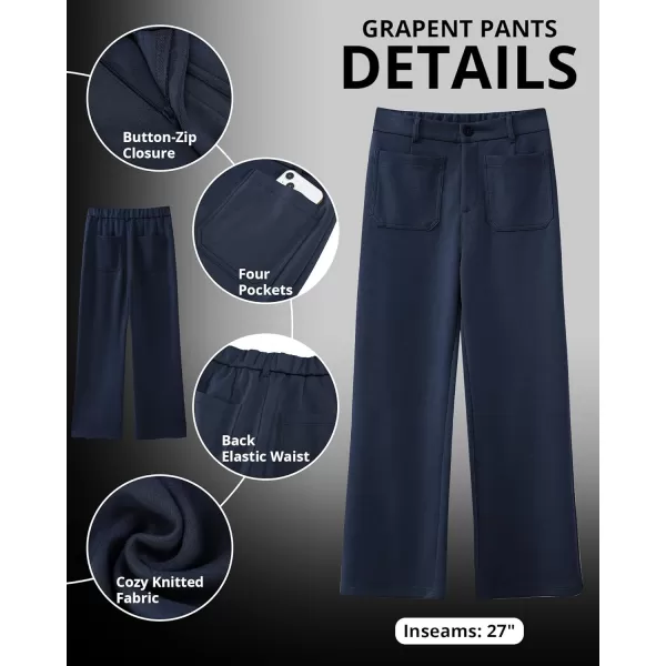 GRAPENT Wide Leg Pants Woman High Waisted Business Casual Elastic Waist Cropped Trouser Pockets Stretch Fall Knit PantsNavy Blue