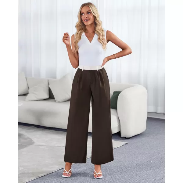 GRAPENT Wide Leg Pants for Women Work Business Casual High Waisted Dressy Pants Flowy Trousers OfficeBrown  White Block