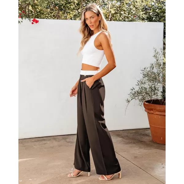 GRAPENT Wide Leg Pants for Women Work Business Casual High Waisted Dressy Pants Flowy Trousers OfficeBrown  White Block